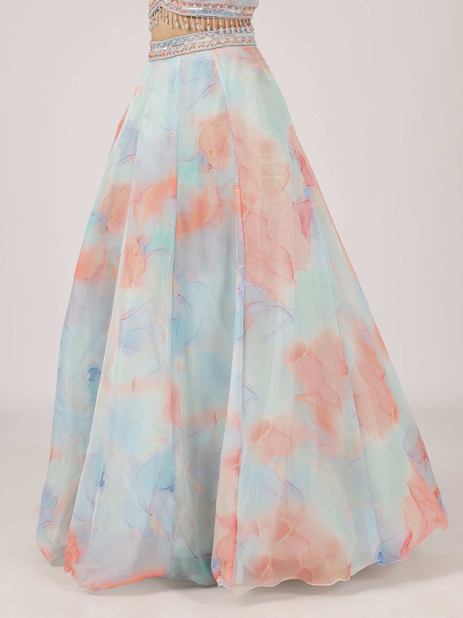 Pastel Blue & Peach Watercolor Organza Lehenga with Embroidered Blouse