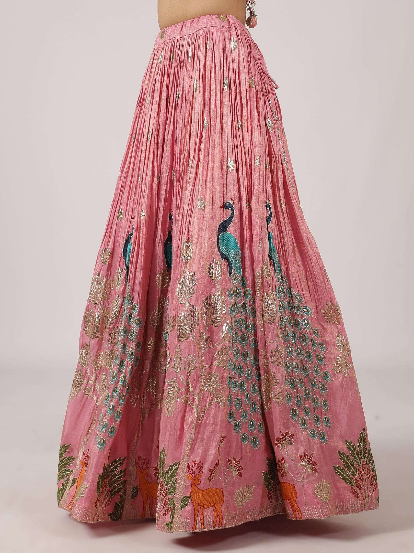 Stunning Pink Silk Lehenga with Peacock & Floral Embroidery