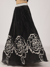 Black & White Satin Pleated Lehenga with Beaded Embroidered Blouse & Netted Dupatta