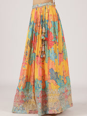 Mustard Yellow Printed Organza Lehenga with Sequin & Mirror Work Blouse