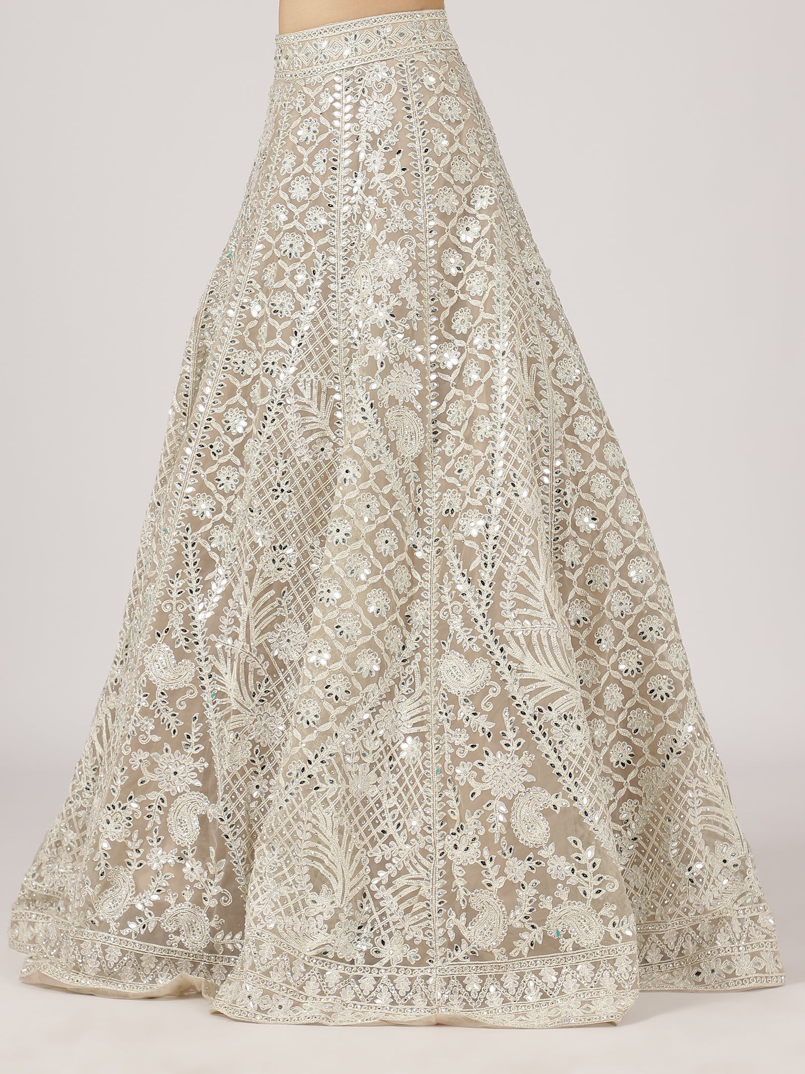 Cream Net Mirror Work Lehenga with Intricate Embroidery