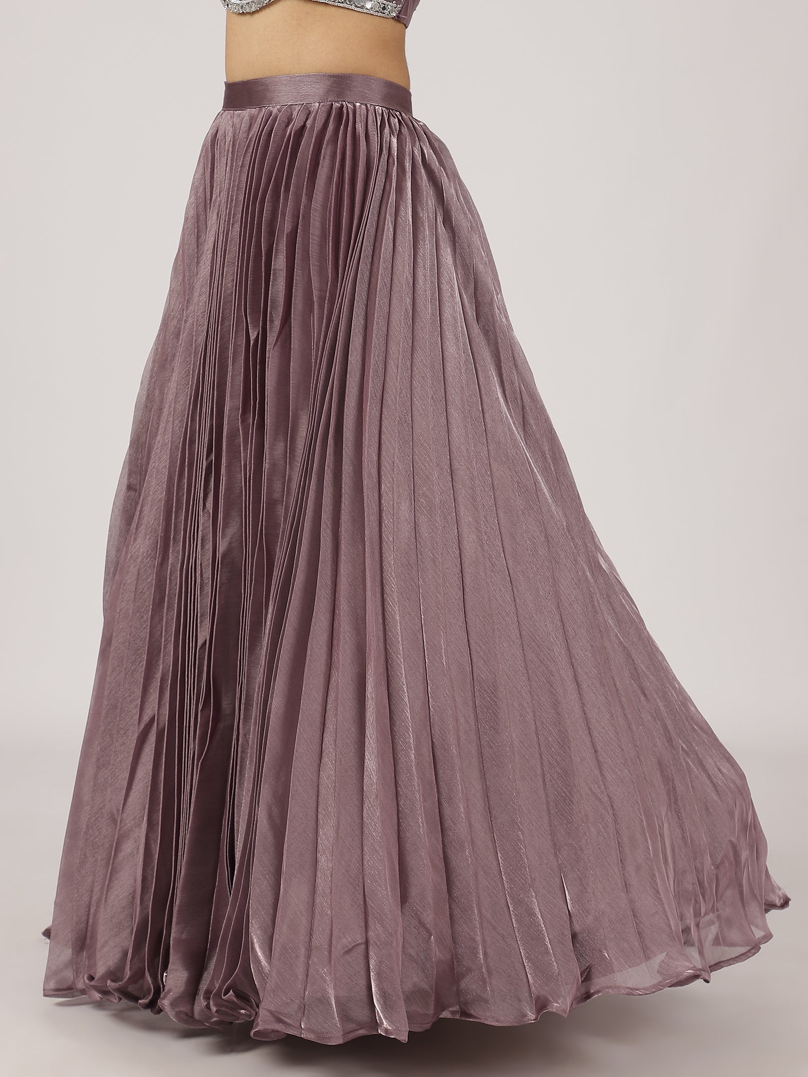 Mauve Pleated Organza Lehenga with Intricate Embroidered Blouse & Sheer Dupatta