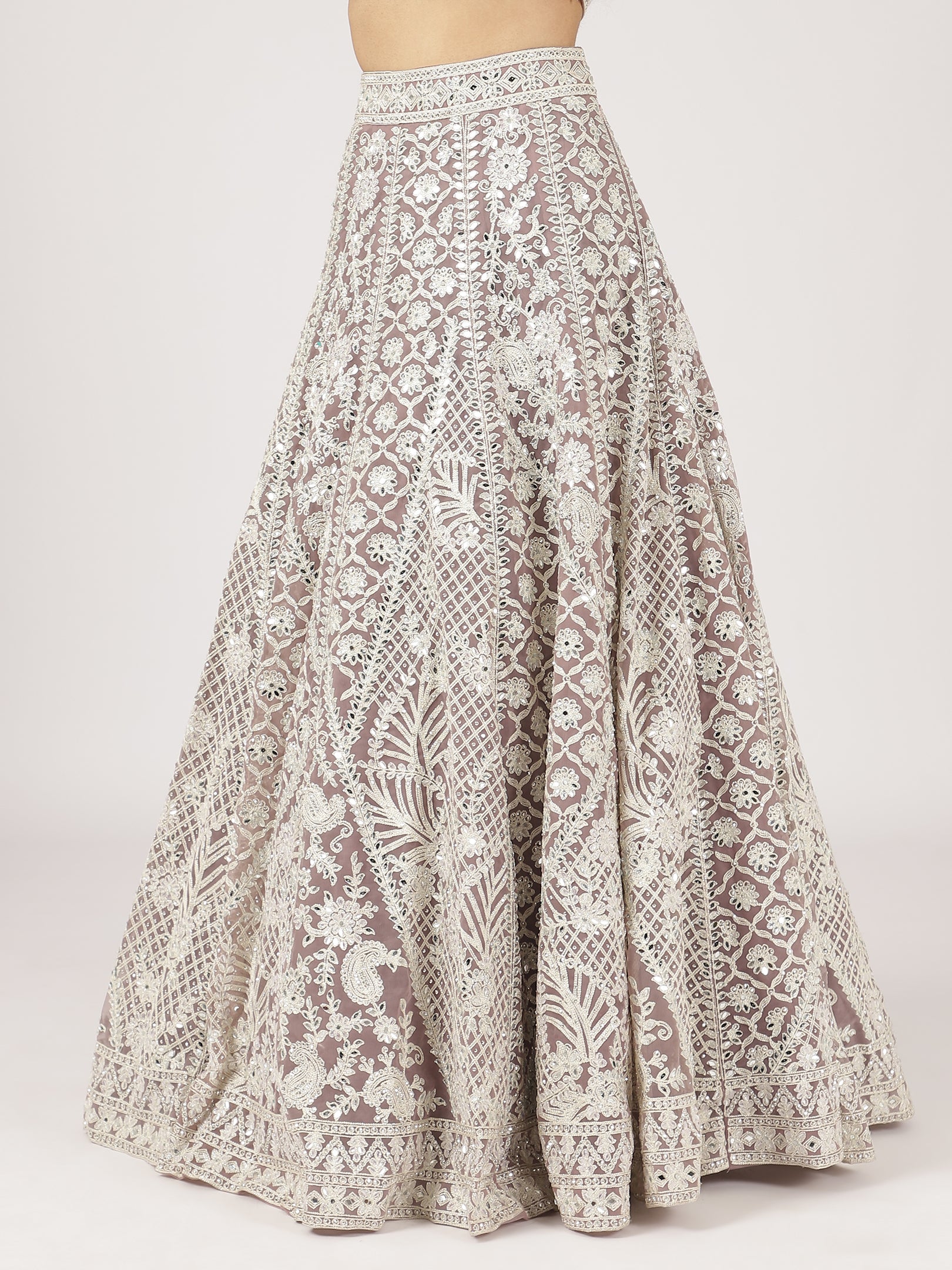 Cream Net Mirror Work Lehenga with Intricate Embroidery