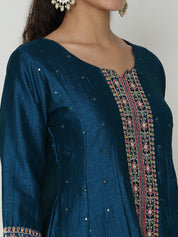 Elegant Blue Salwar Suit with Floral Embroidered Dupatta & Matching Pants