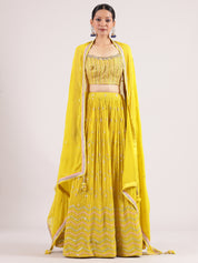 Vibrant Neon Yellow Georgette Lehenga with Sequin Embroidered Spaghetti Blouse