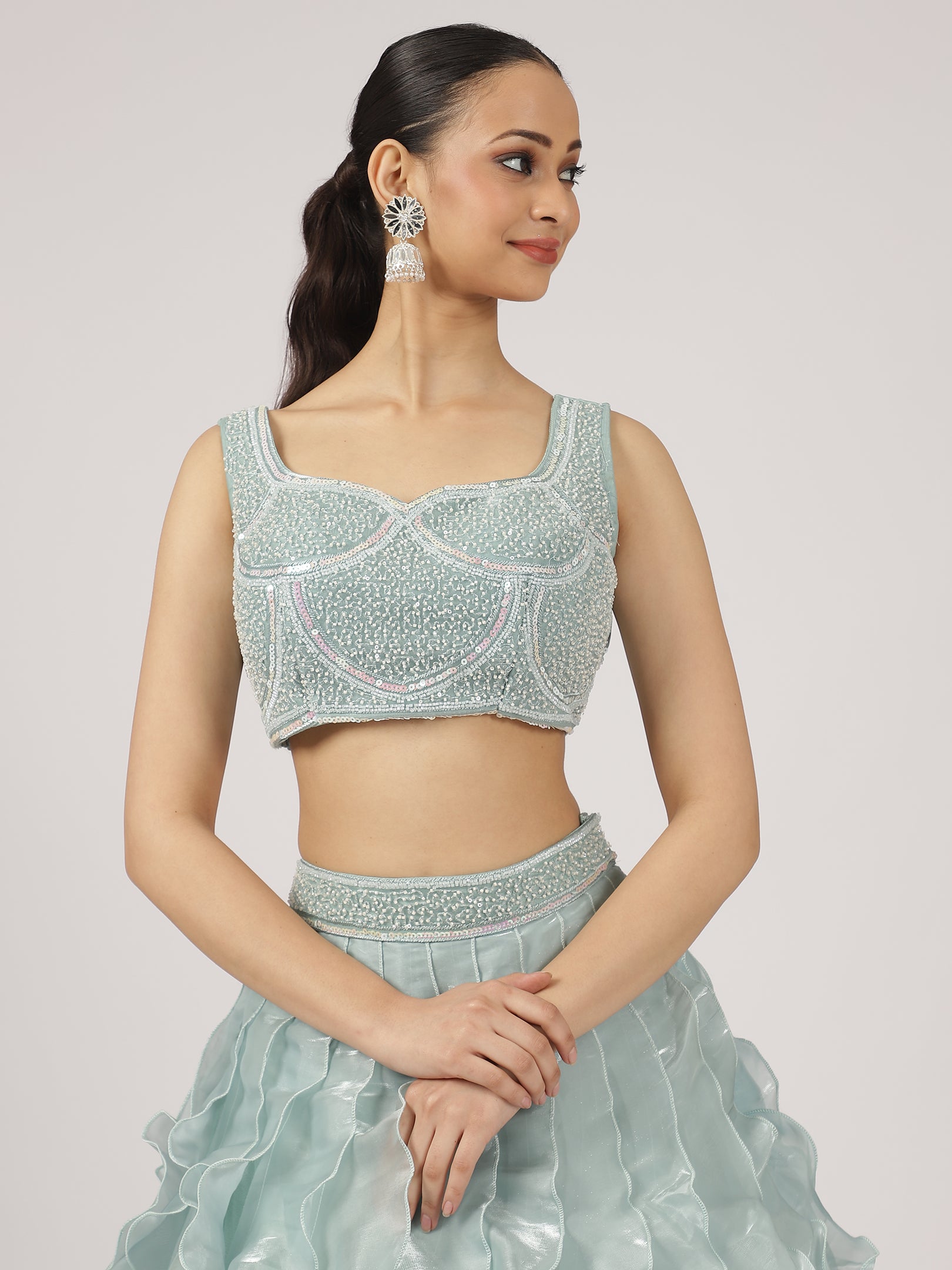 Sea Blue Organza Ruffled Lehenga with Pearl Work Blouse & Overcoat