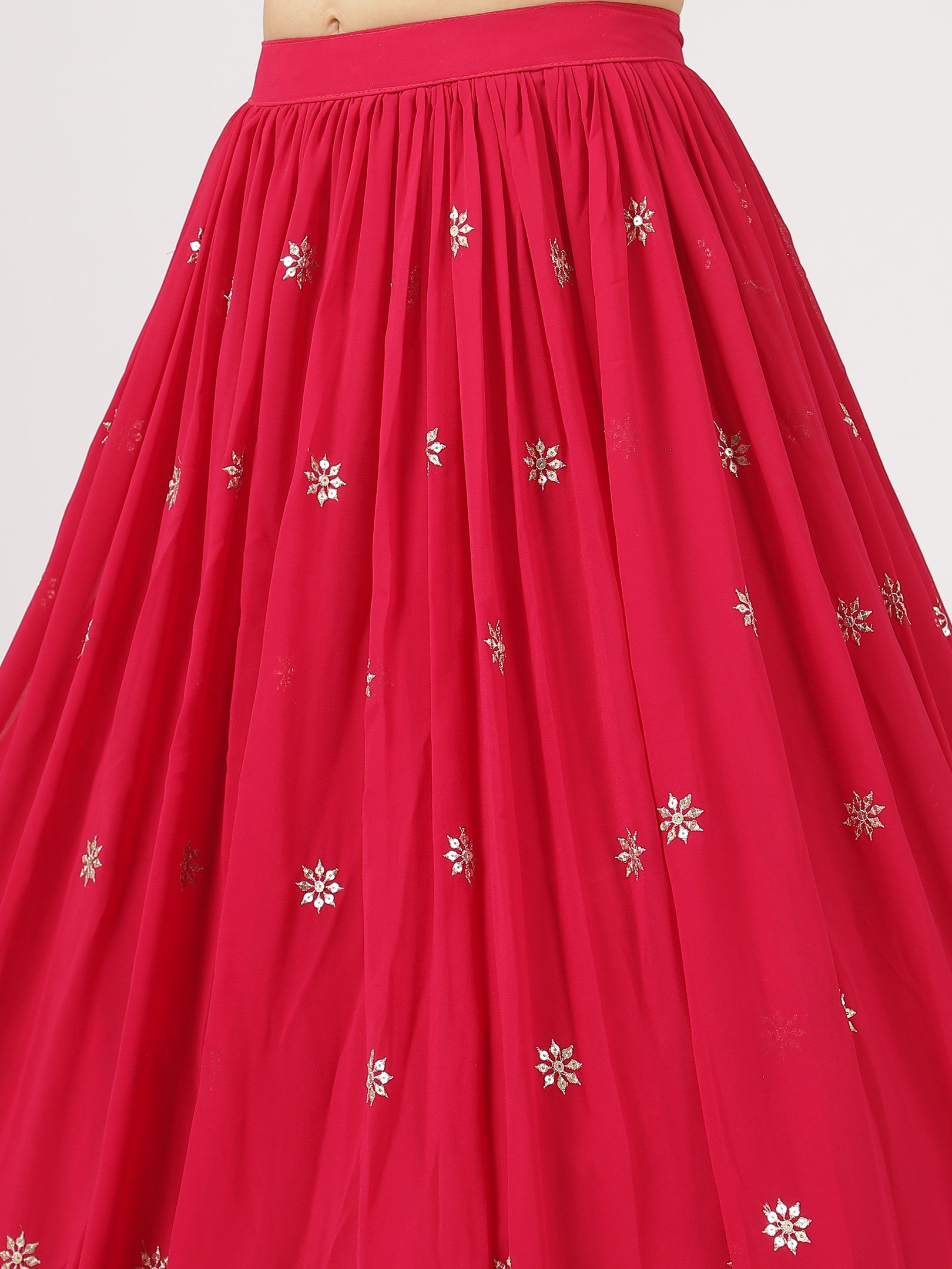 Radiant Red Embroidered Lehenga Set with Mirror Work Blouse & Sheer Dupatta