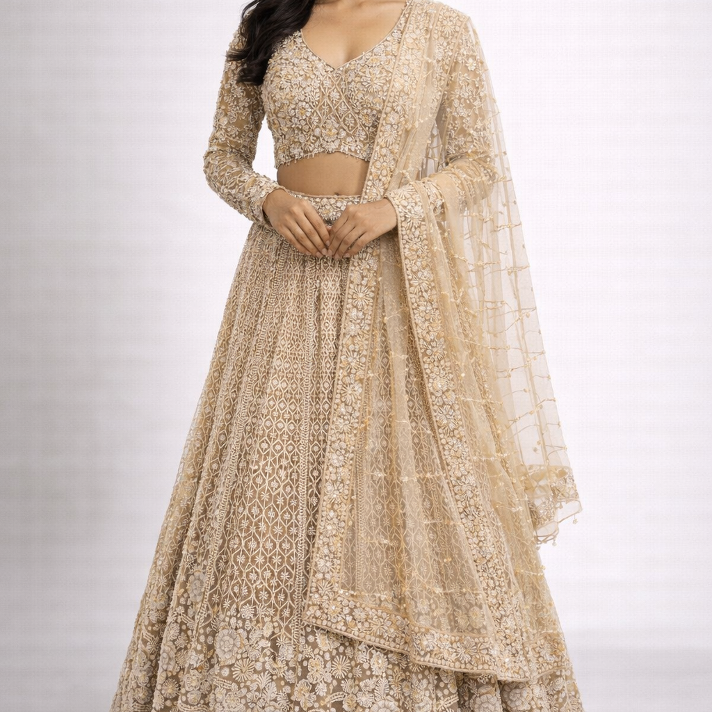 Woman wearing a beige embroidered traditional outfit on a white background