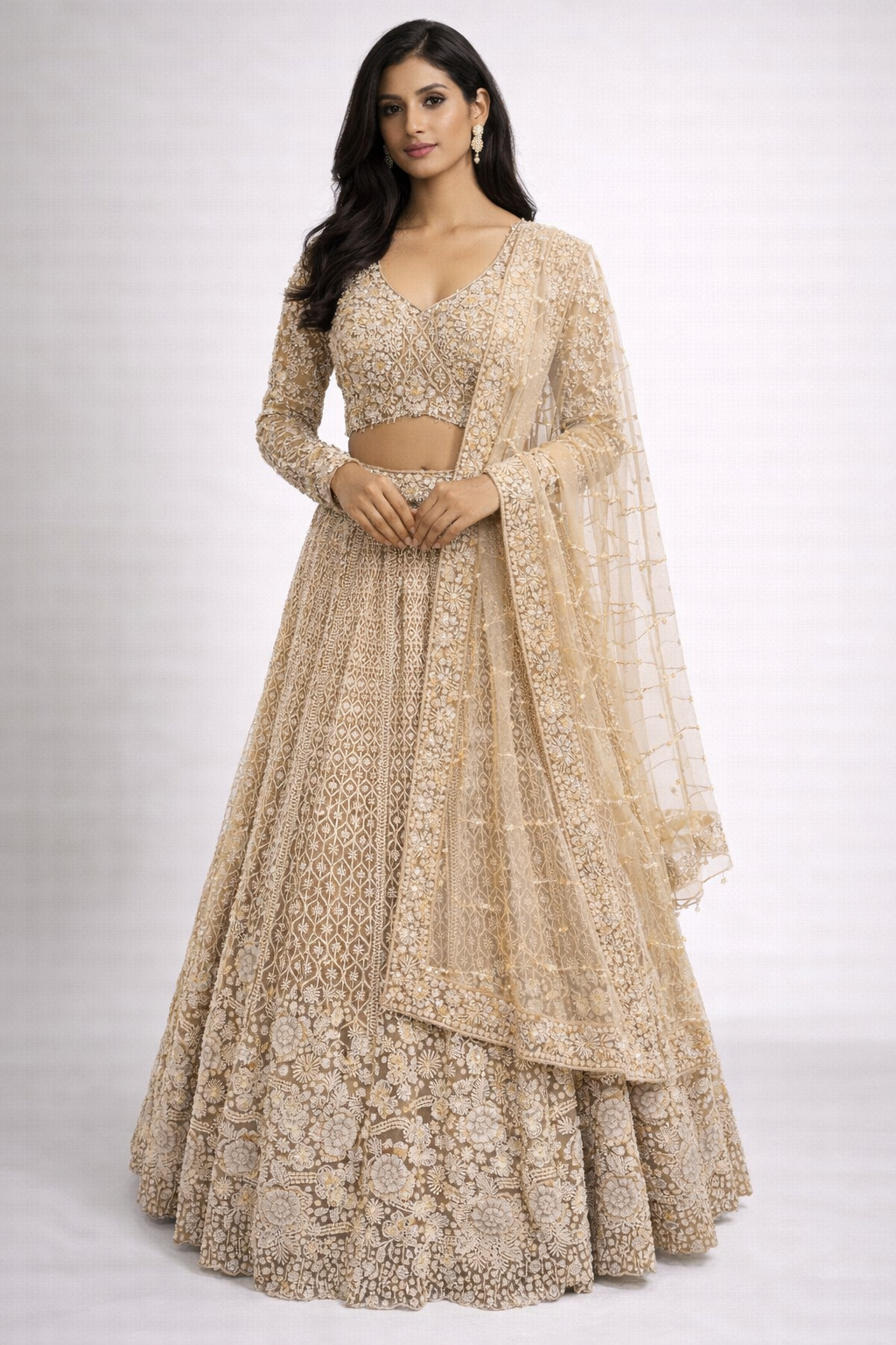 Champagne Beige Embroidered Bridal Lehenga Set with Pearl & Sequin Work
