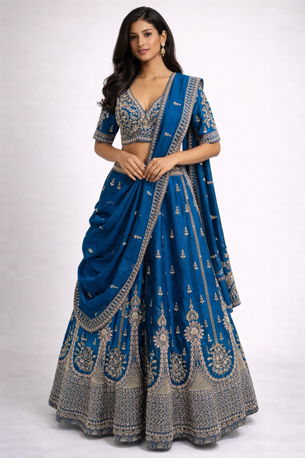Royal Teal Blue Raw Silk Bridal Lehenga Choli with Heavy Zari & Stone Embroidery