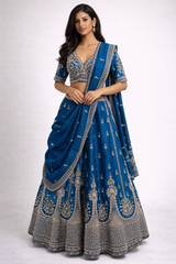 Royal Teal Blue Raw Silk Bridal Lehenga Choli with Heavy Zari & Stone Embroidery