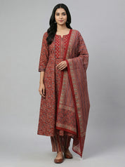 DIVA Maroon Floral Block Print Cotton Salwar Suit | Ethnic Indian Kurta Set for Women