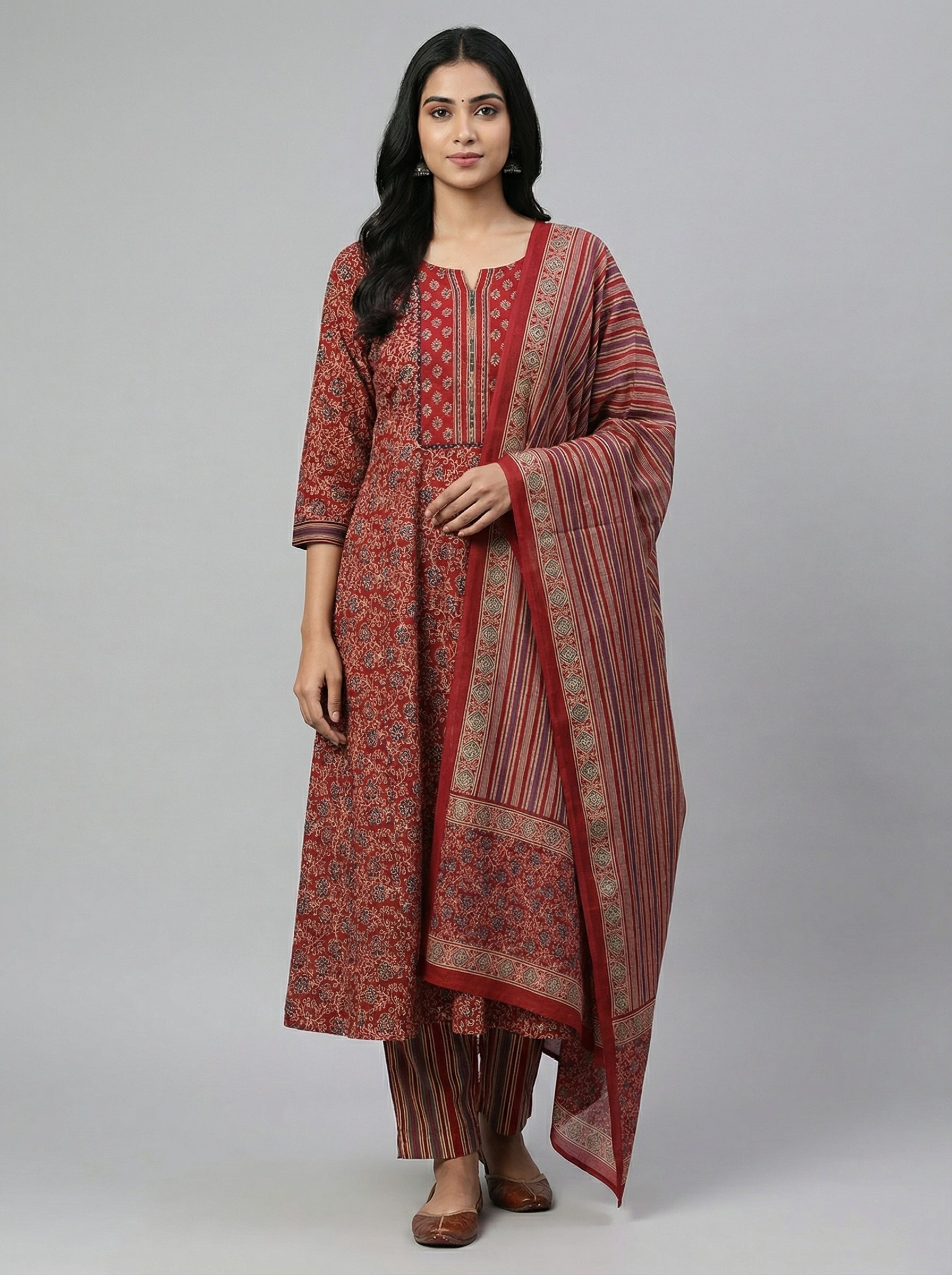 DIVA Maroon Floral Block Print Cotton Salwar Suit | Ethnic Indian Kurta Set for Women