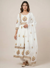 Cream and Brown Geometric Floral Print Cotton Salwar Suit | Ethnic Kurta Set for Women | Festive & Casual Indian Wear