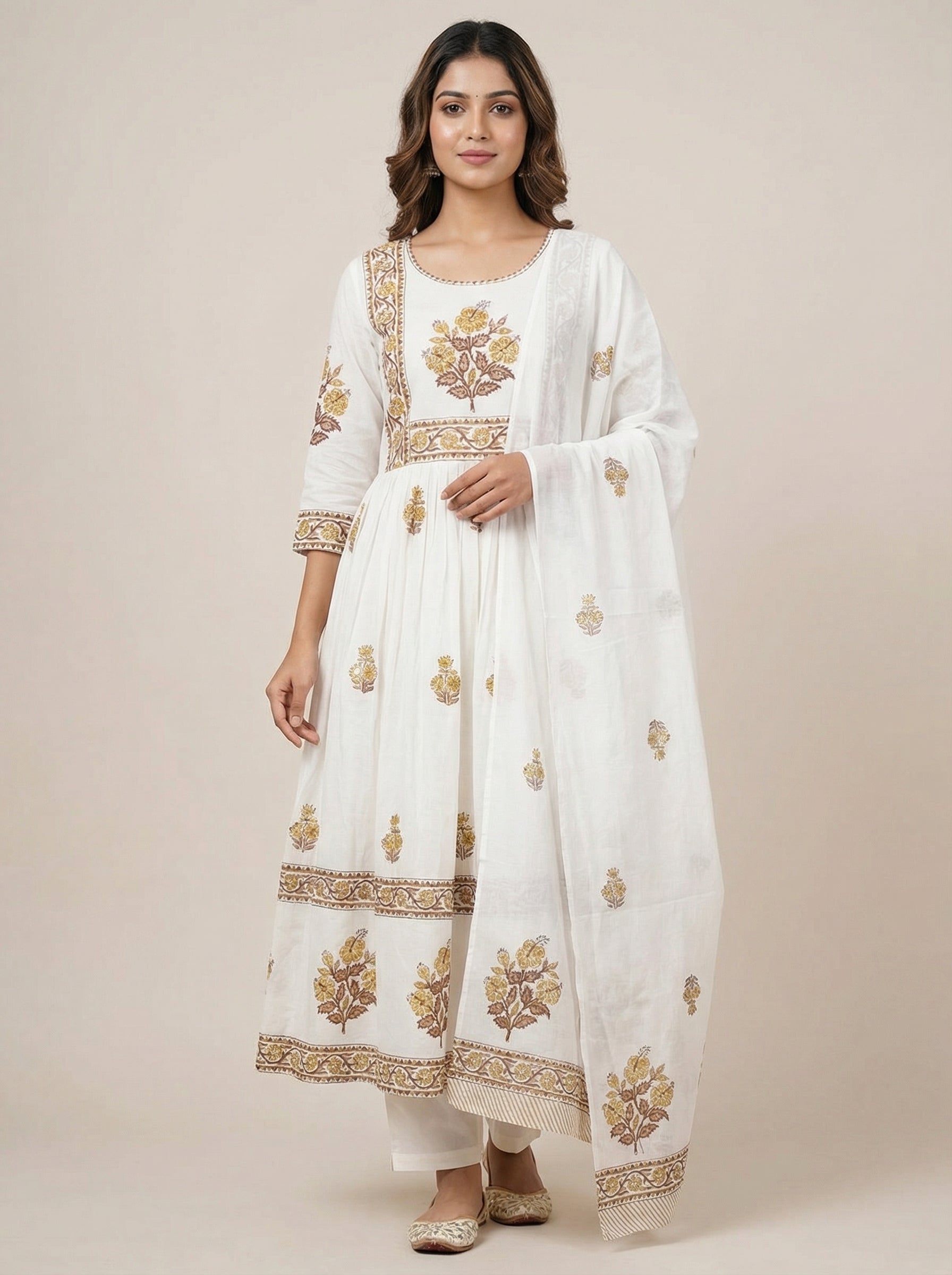 Cream and Brown Geometric Floral Print Cotton Salwar Suit | Ethnic Kurta Set for Women | Festive & Casual Indian Wear
