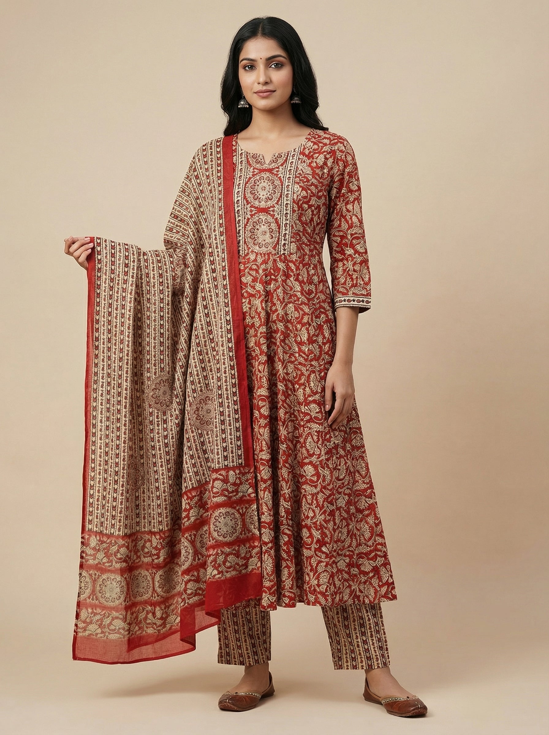 Red Traditional Floral Printed Cotton Salwar Suit with Coordinated Dupatta