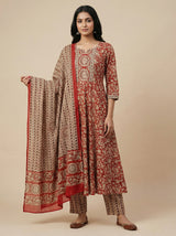 Red Traditional Floral Printed Cotton Salwar Suit with Coordinated Dupatta