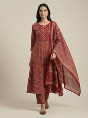 DIVA Maroon Floral Block Print Cotton Salwar Suit | Ethnic Indian Kurta Set for Women