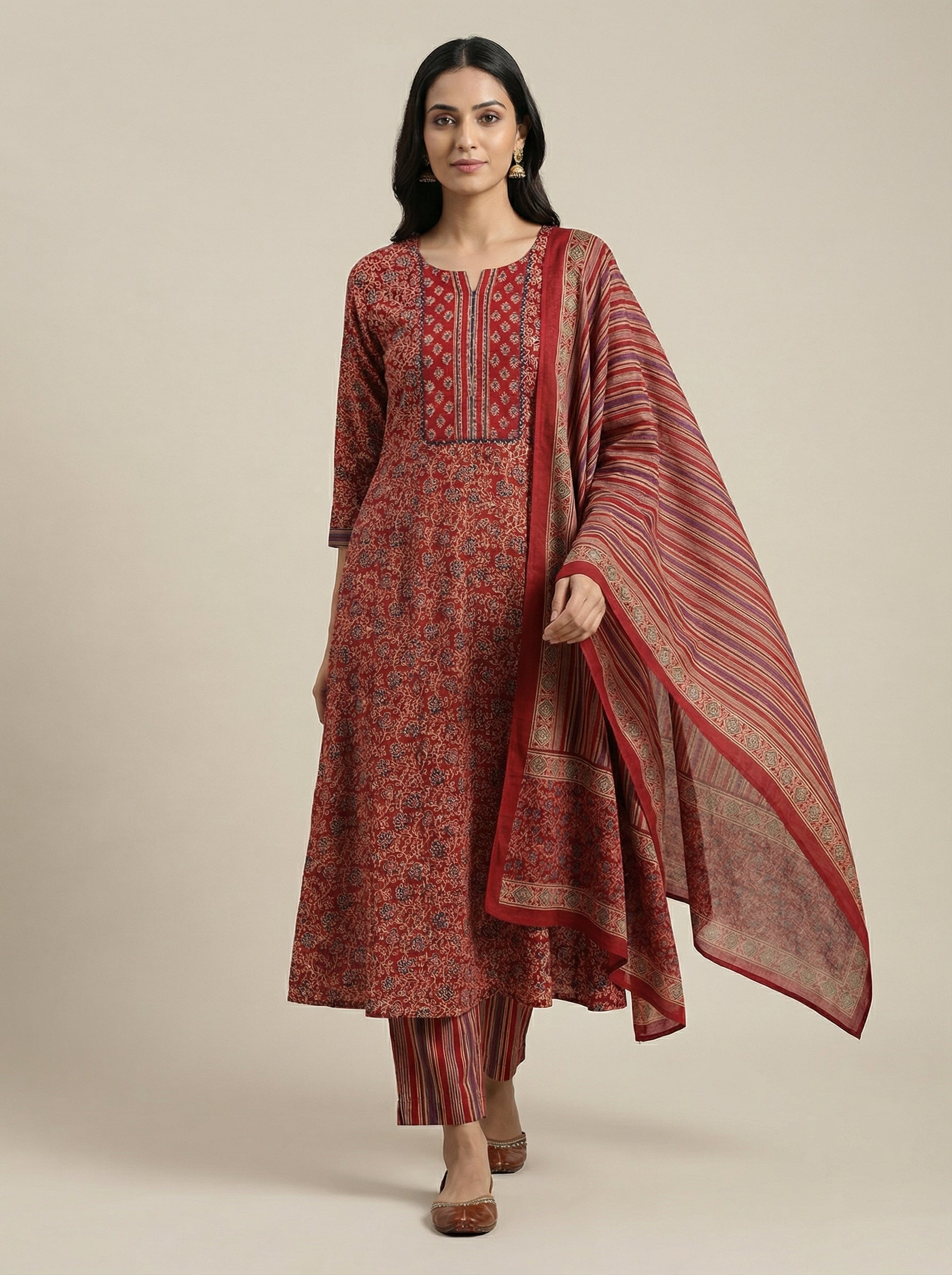 DIVA Maroon Floral Block Print Cotton Salwar Suit | Ethnic Indian Kurta Set for Women