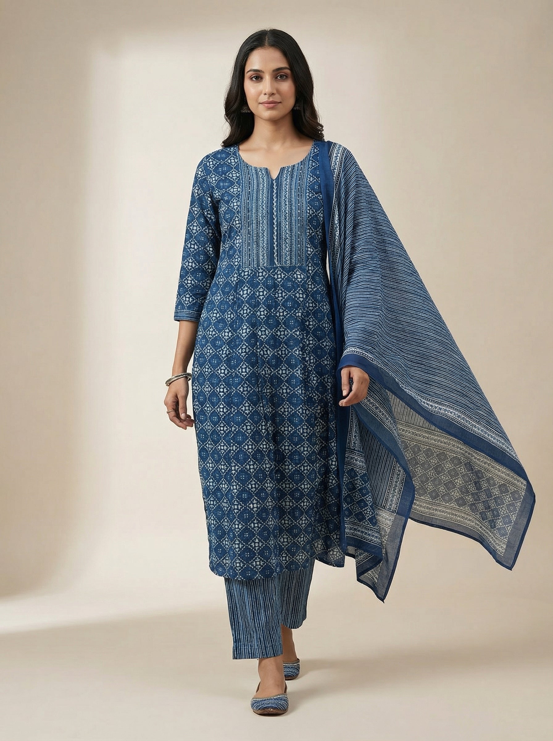 DIVA Navy Blue Floral Paisley Block Print Cotton Salwar Suit | Ethnic Indian Kurta Set for Women