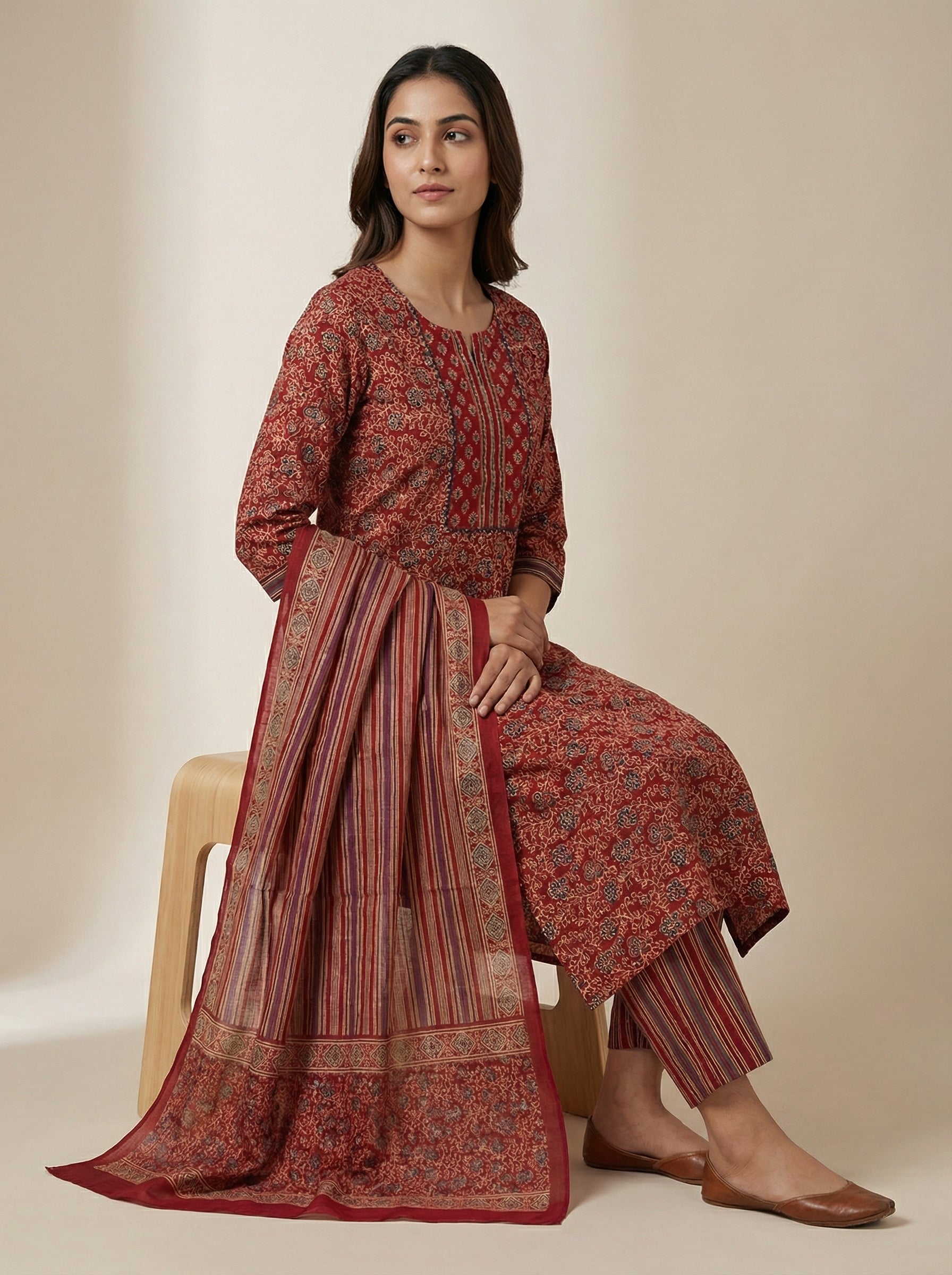 DIVA Maroon Floral Block Print Cotton Salwar Suit | Ethnic Indian Kurta Set for Women