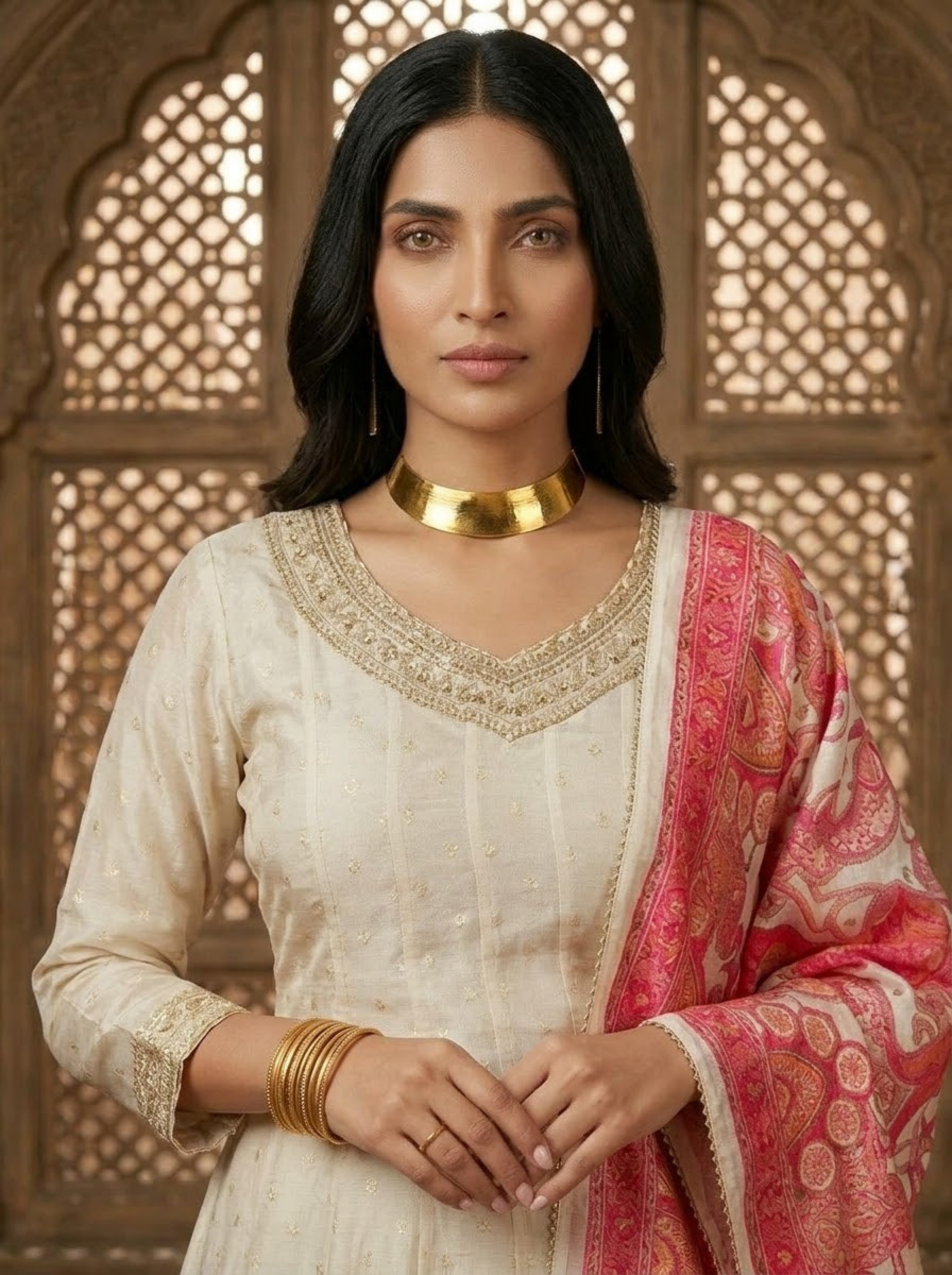 Ivory Anarkali Suit with Pink Banarasi Dupatta