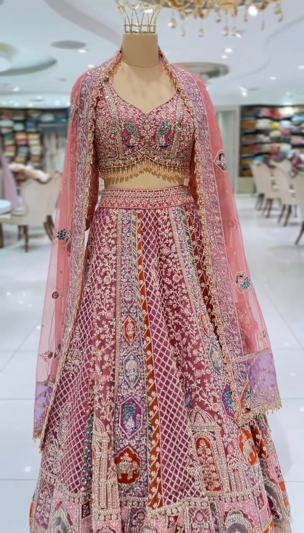 Pink Satin Bridal Lehenga with Heavy Embroidery & Net Dupatta | DIVA