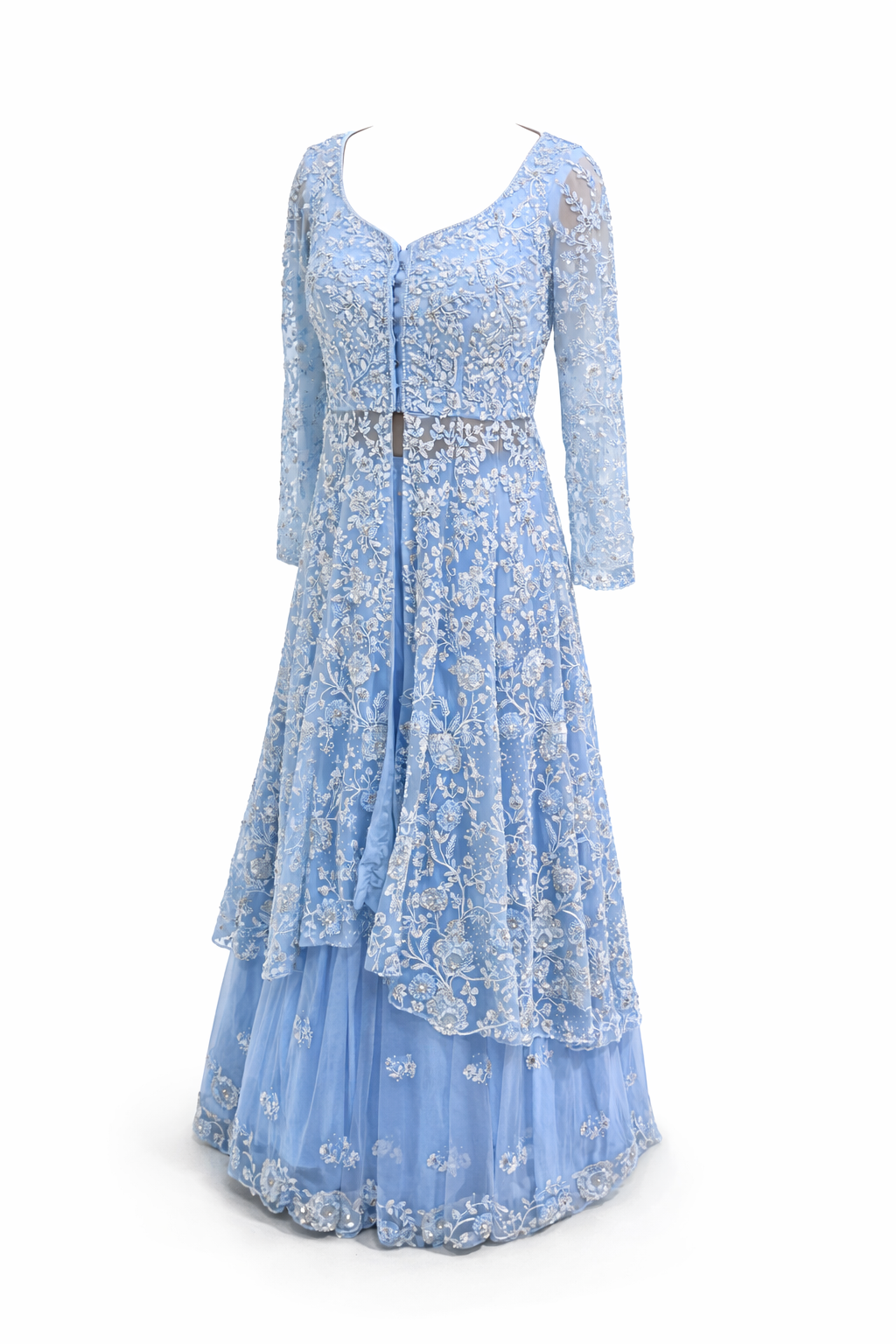 Powder Blue Embroidered Net Gown with Full Sleeves DIVA