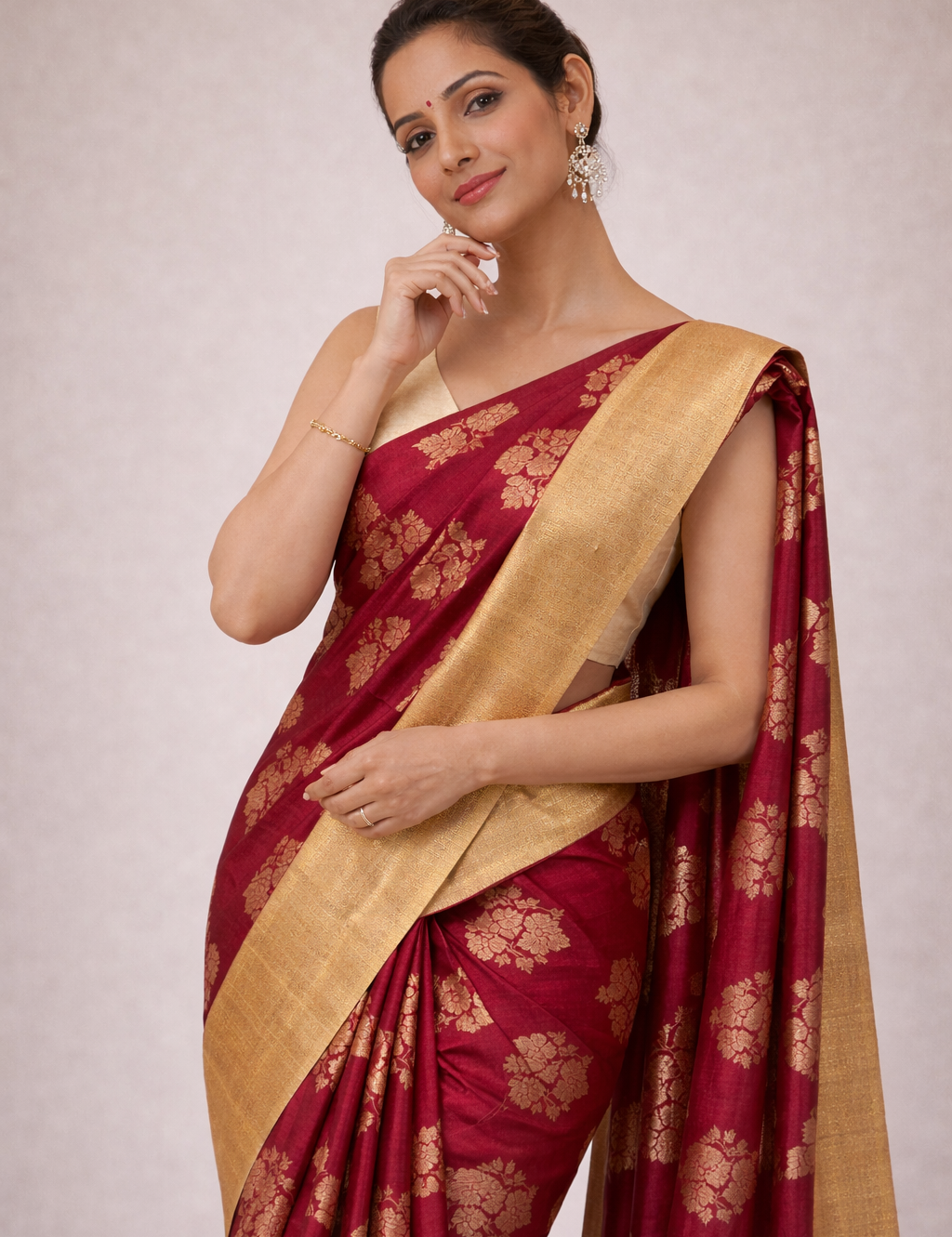 Pure Tussar Silk Saree with Antique Gold Zari Border – Crimson Red & Deep Maroon