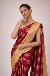 Pure Tussar Silk Saree with Antique Gold Zari Border – Crimson Red & Deep Maroon