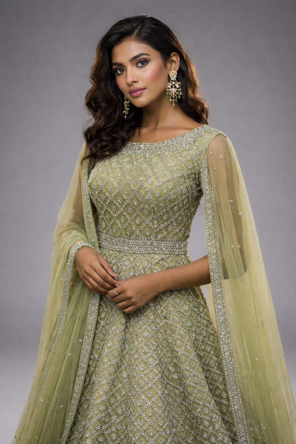 Green Net Gown with Dupatta | DIVA