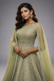 Green Net Gown with Dupatta | DIVA