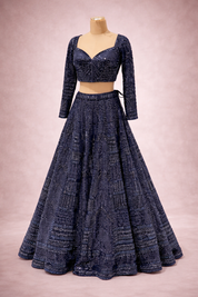 Navy Blue Hand-Woven Luxury Silk Lehenga | DIVA