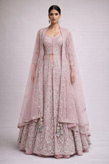 Onion Pink Hand-Embroidered Net Lehenga Set with Regal Dupatta