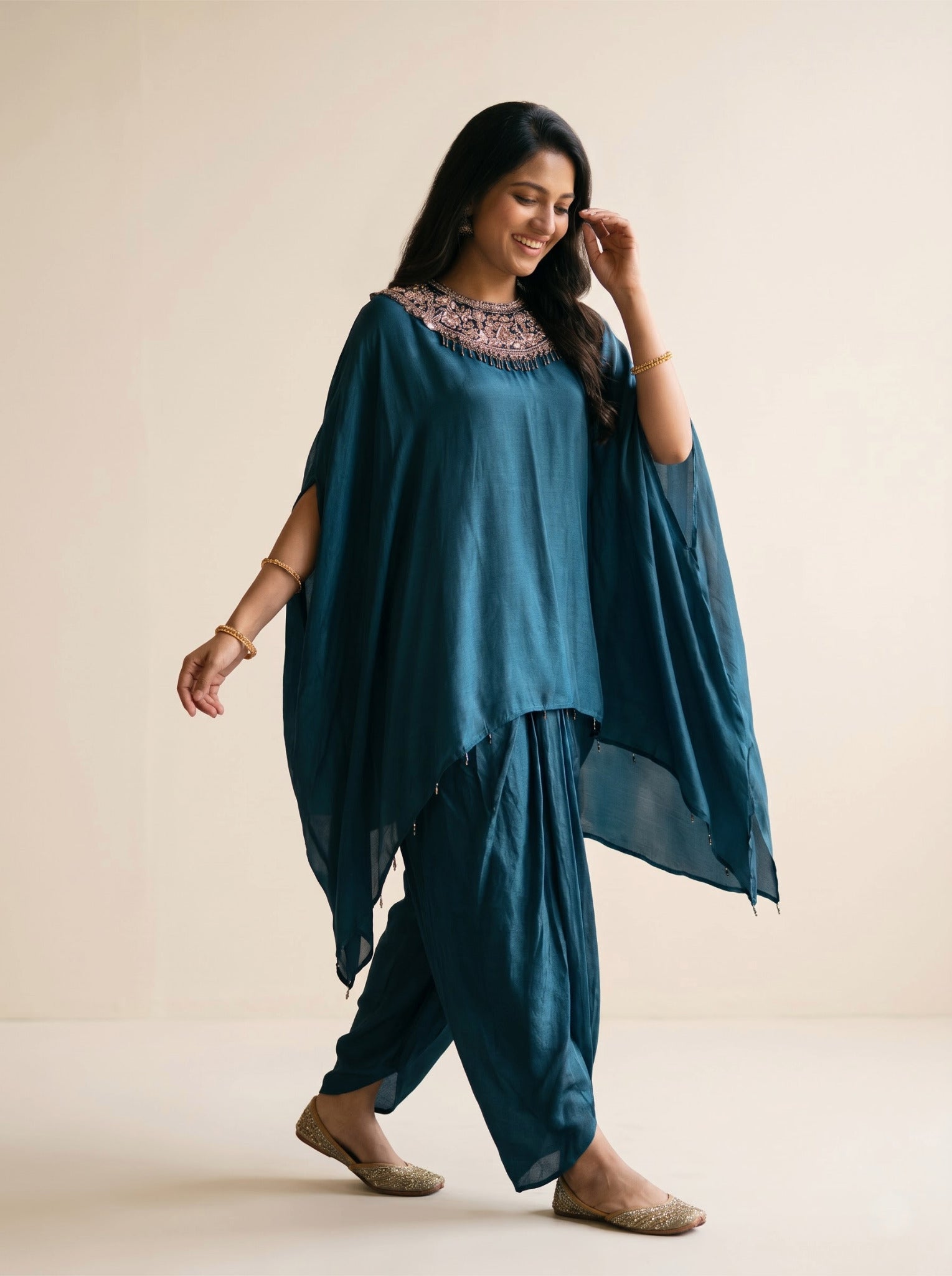 Cotton Salwar Kaftan Suit in Teal Blue for Cocktail Parties, view 3