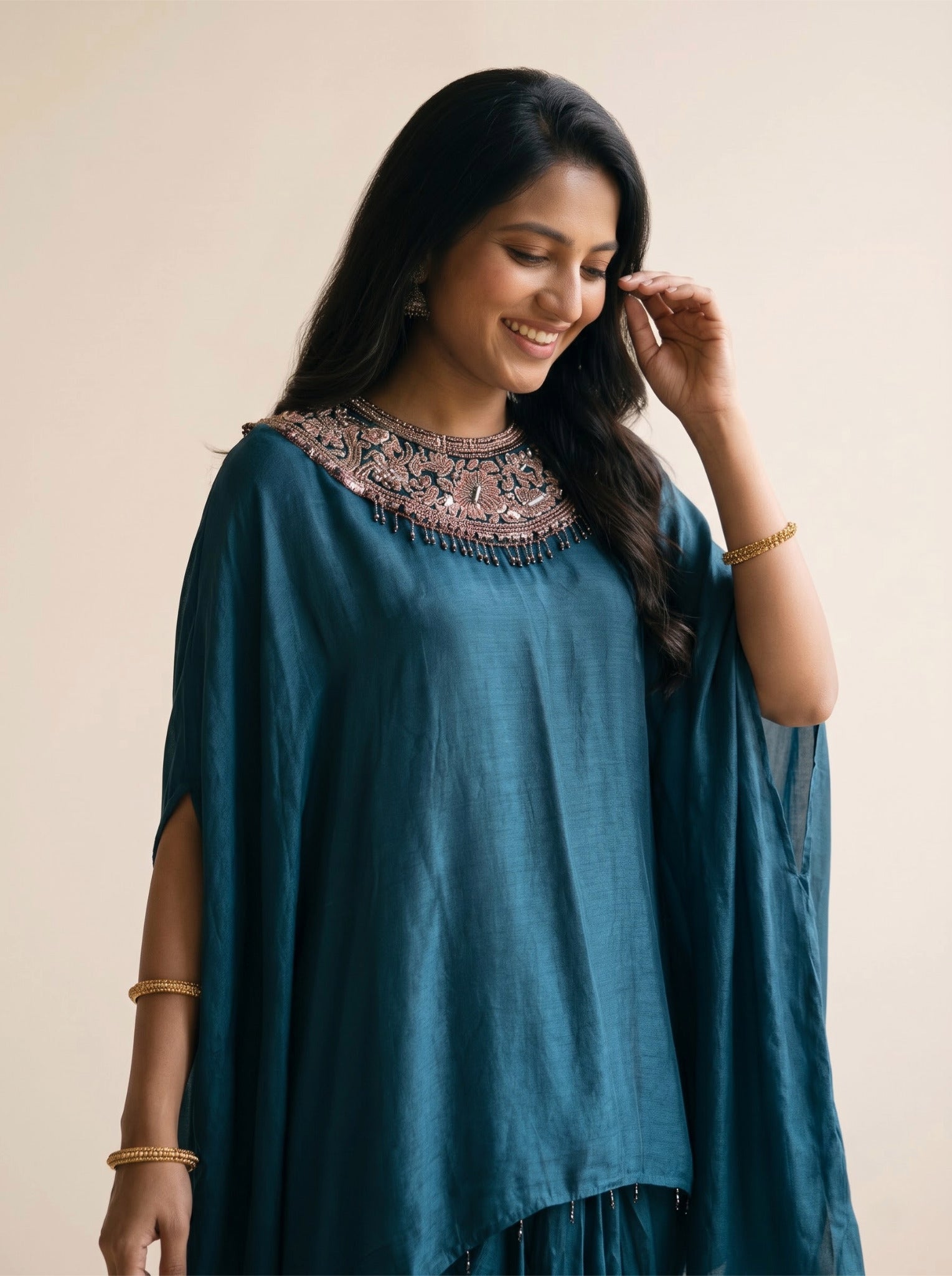 Cotton Salwar Kaftan Suit in Teal Blue for Cocktail Parties, view 4
