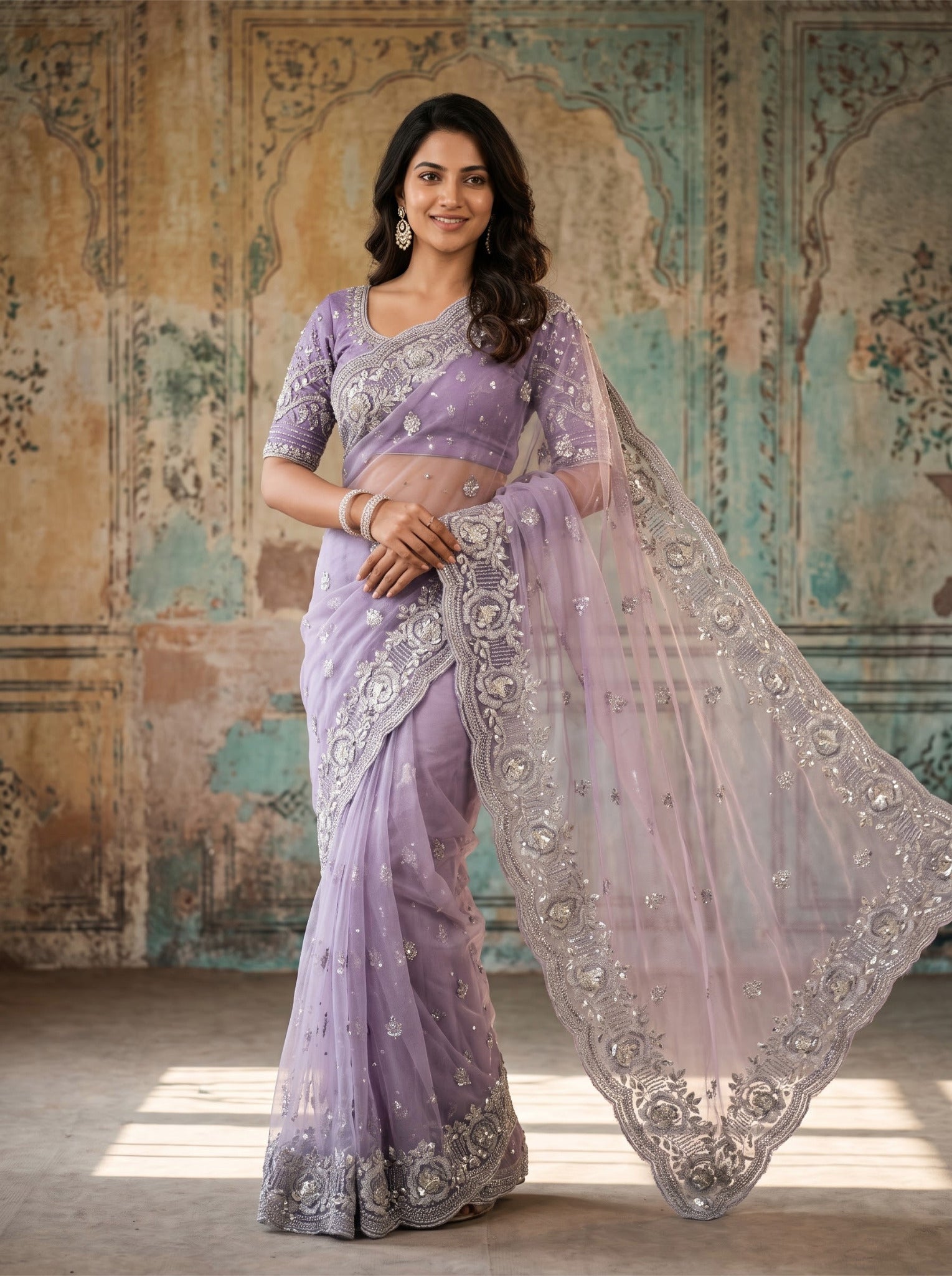 Purple Net Designer Saree for Cocktail Evenings
