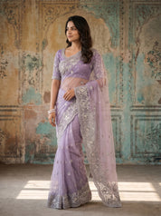 Purple Net Designer Saree for Cocktail Evenings