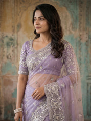 Purple Net Designer Saree for Cocktail Evenings
