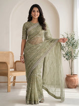 Net Designer Saree in Sage Green for Cocktail Evenings