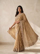 Crepe Designer Saree In Chiku For Cocktail