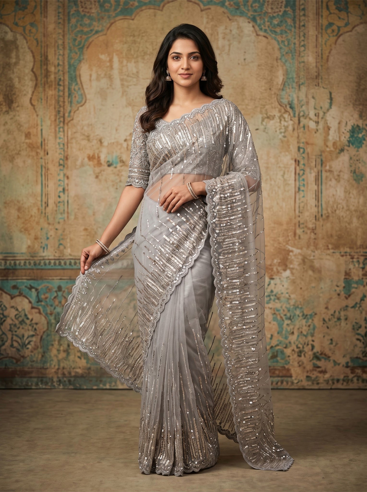 Net Designer Saree in Silver Grey for Cocktail
