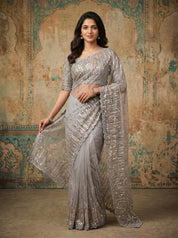 Net Designer Saree in Silver Grey for Cocktail