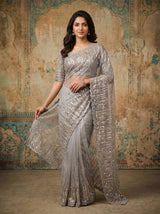 Net Designer Saree in Silver Grey for Cocktail