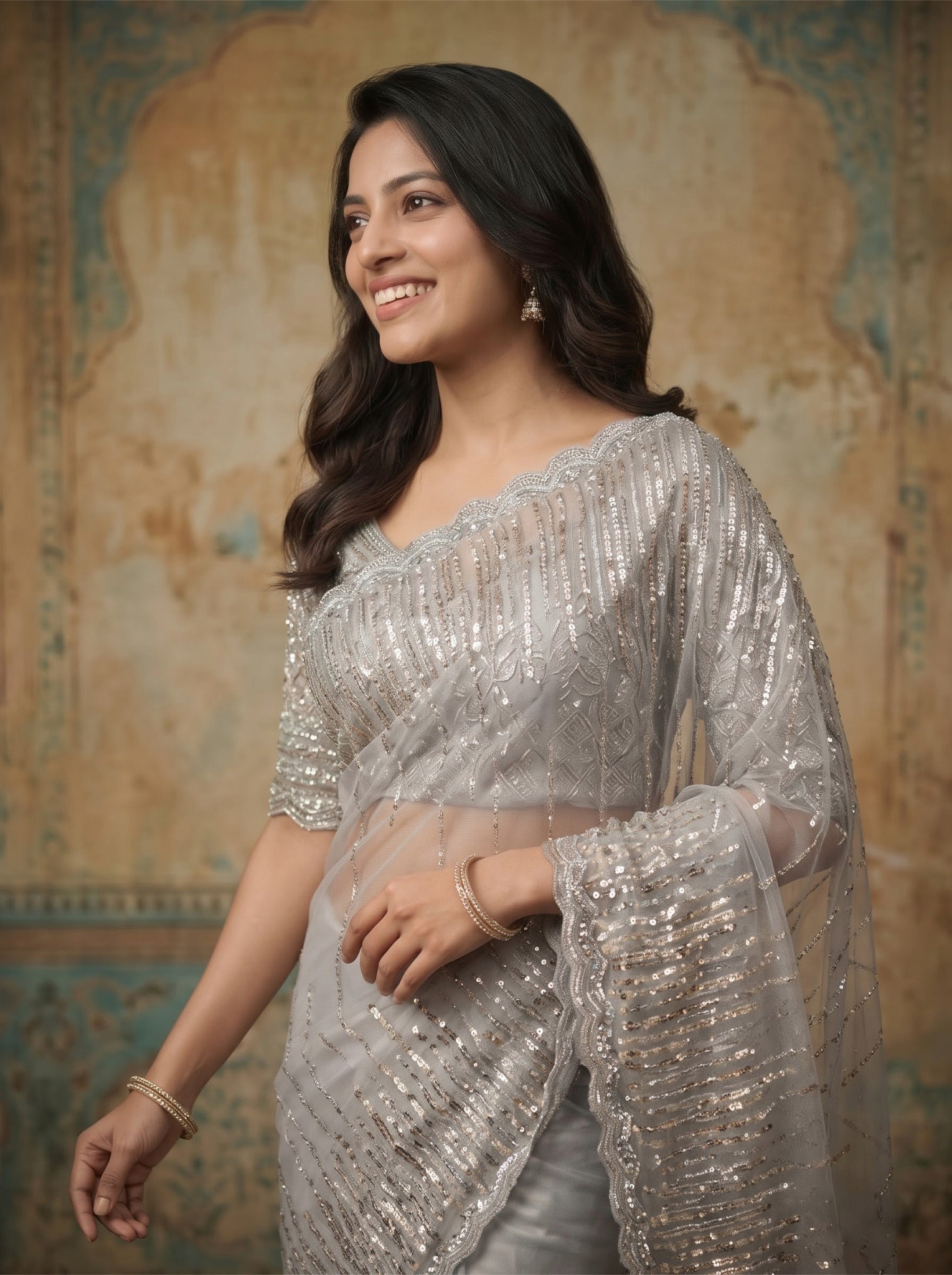Net Designer Saree in Silver Grey for Cocktail, view 2