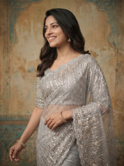Net Designer Saree in Silver Grey for Cocktail