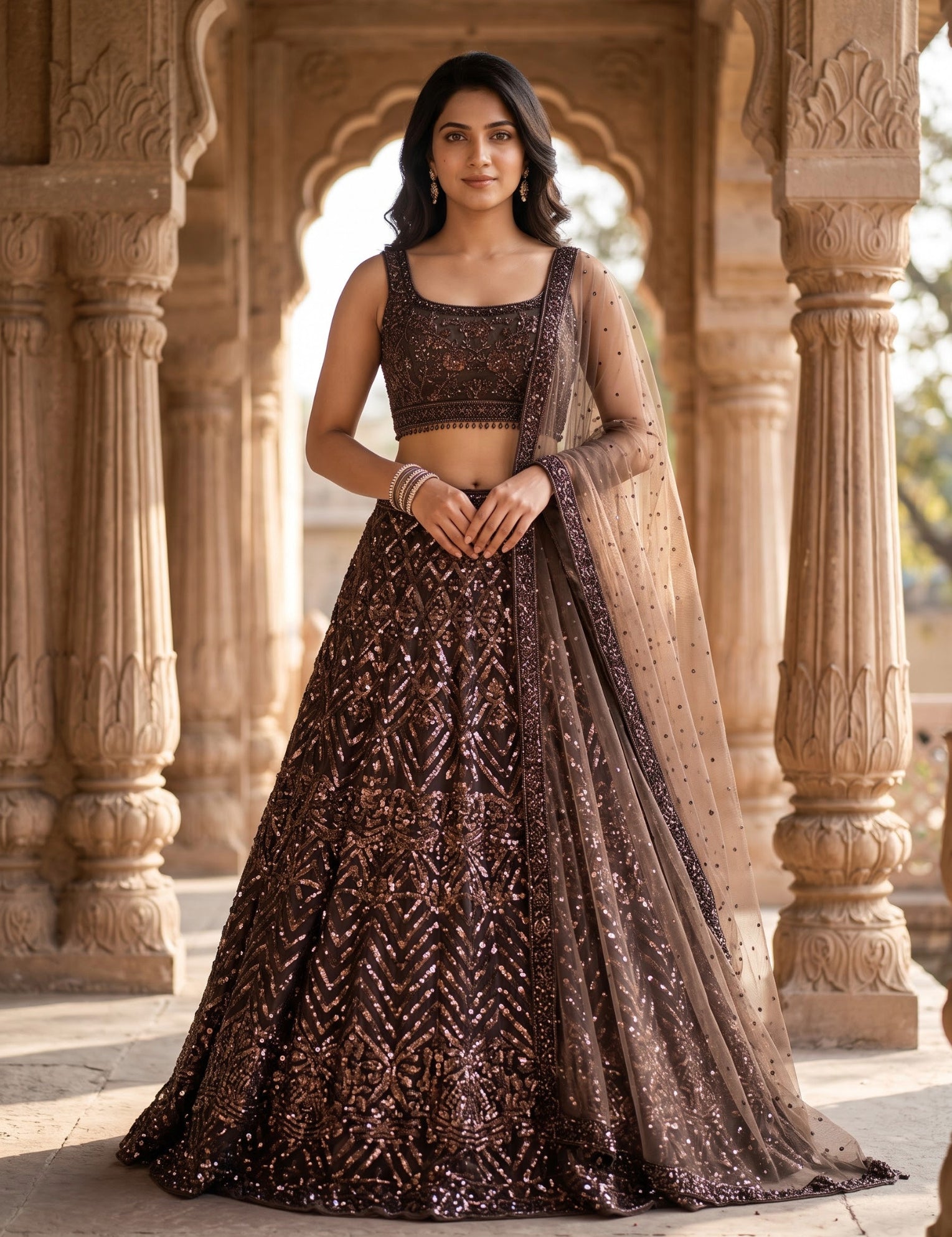 Net Lehenga Set in Brown for Weddings