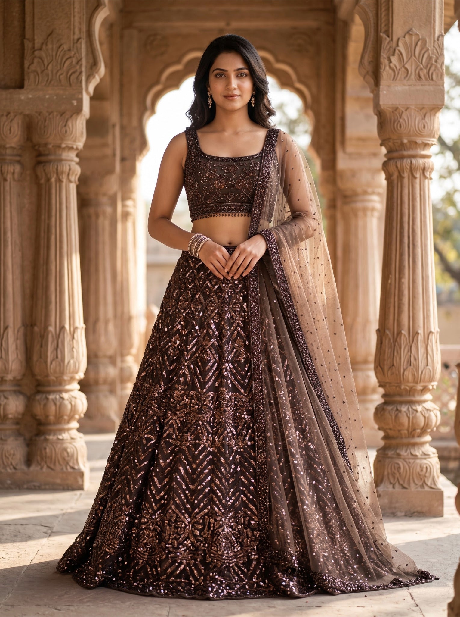 Net Lehenga Set in Brown for Weddings