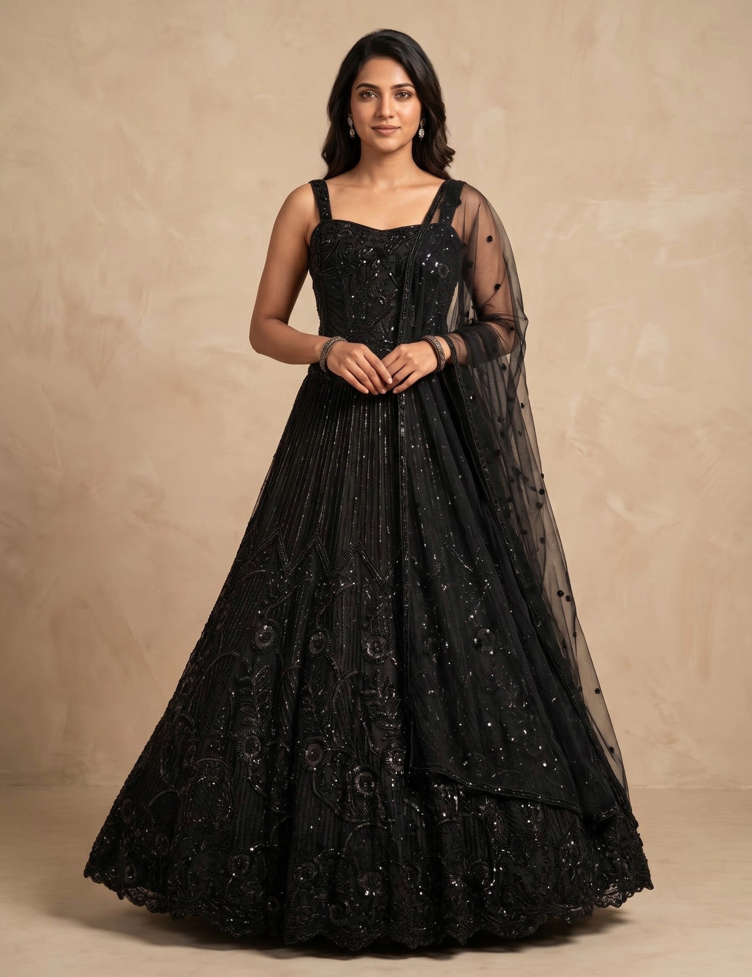 Black Net Lehenga Set With Dupatta And Stitched Blouse