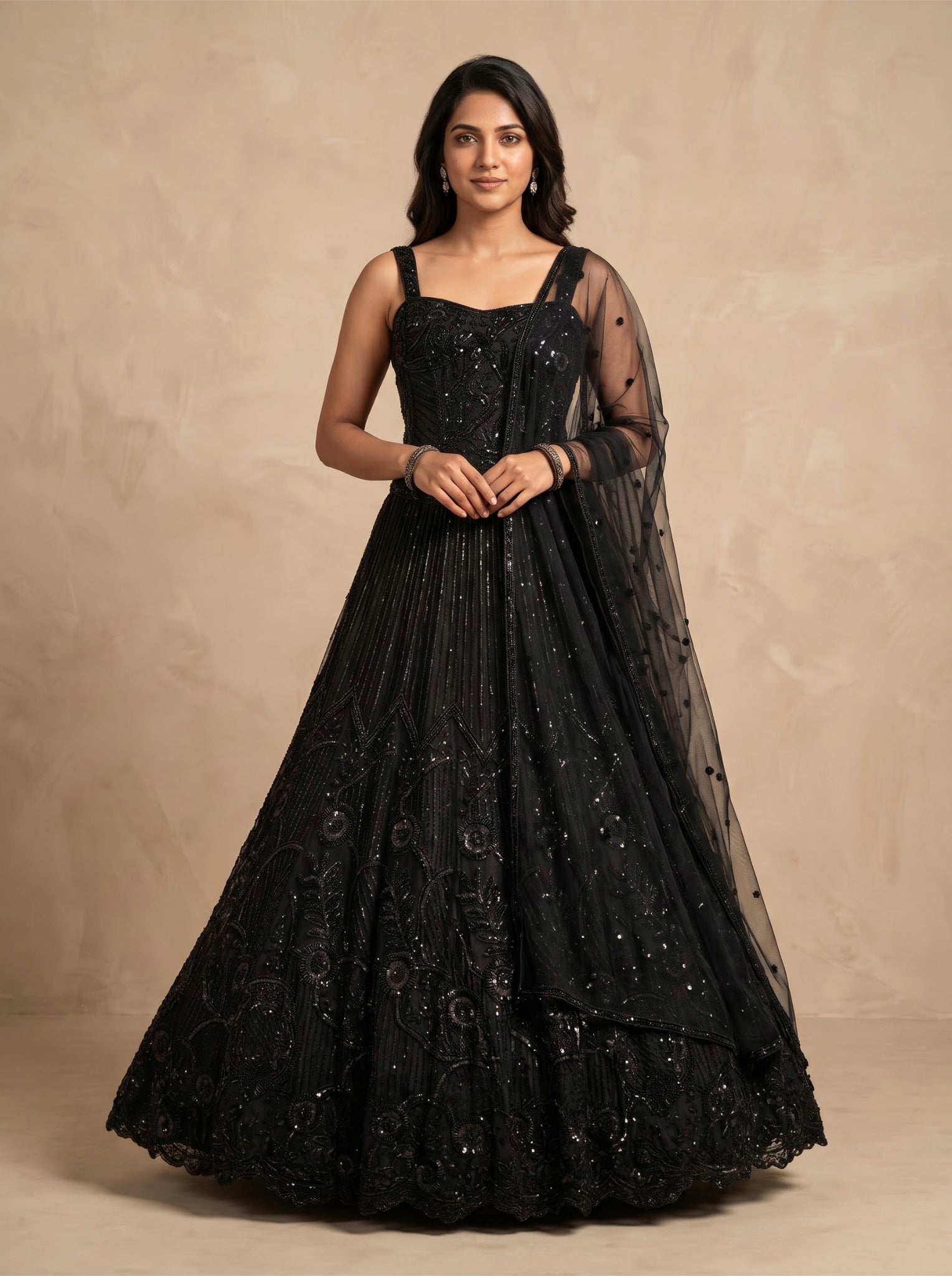 Black Net Lehenga Set With Dupatta And Stitched Blouse
